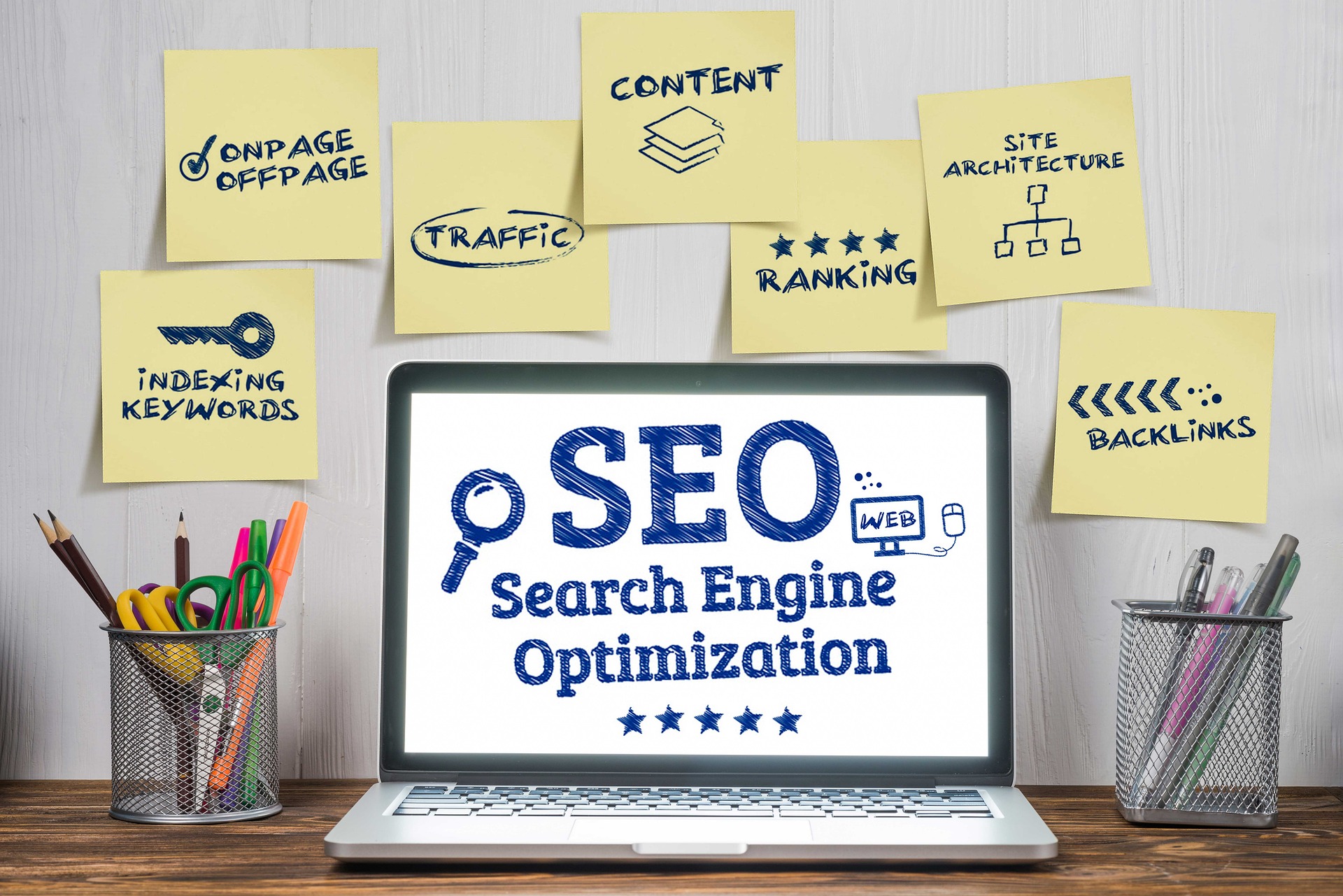 Search Engine Optimaztion shown on the laptop screen and that contains backlinks, increase traffic to website, content creation and indexing keywords